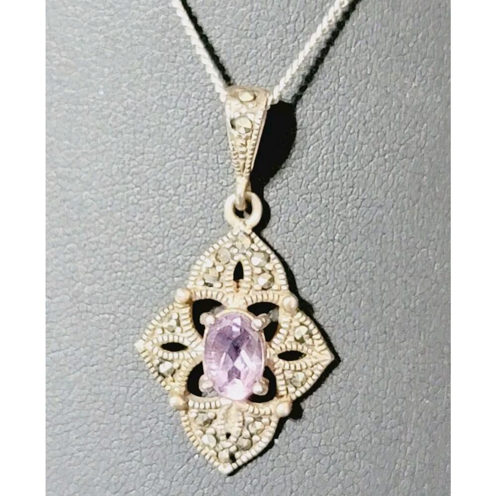Sterling Silver 925 Amethyst Pendant Necklace Marcasites Purple Thailand blu2-36